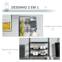 HOMCOM Móvel Cabide de Entrada com 18 Ganchos e Sapateira Armário de Entrada com Cabide com 3 Prateleiras 67x30x185 cm Preto(m-4)