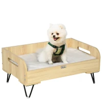 PawHut Canapé lit pour chien chat design dim. 70L x 45l x 31,5H cm piètement métal avec coussin moelleux 2 poignées latérales MDF blanc et aspect bois(m-1)