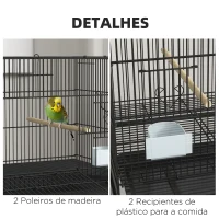 PawHut Gaiola para Pássaros com Rodas 77x46x119 cm Bandeja Amovível 2 Poleiros 2 Comedouros e Prateleira de Armazenamento Preto(m-7)