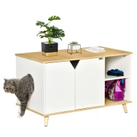 PawHut Katzenschrank für katzentoilette 2 in 1 Design Katzenklo mit Magnettür Beistelltisch Katzenhaus für Katzenbett mit Türöffnung Kiefernholz Eiche+Weiß 100 x 55 x 60 cm(m-1)