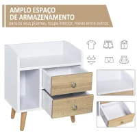 HOMCOM Mesa de Cabeceira com 2 Gavetas Grandes 1 Prateleira Aberta e Pés Elevados Estilo Nórdico 43x30x49 cm Branco e Madeira(m-4)