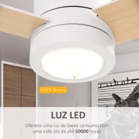 HOMCOM Ventoinha de Teto 48W com Luz LED Controle Remoto 3 Velocidades Temporizador 3 Lâminas de Madeira Ø112x25cm Branco(m-5)