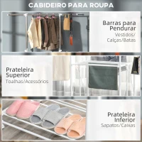 HOMCOM Charriot Dobrável para Roupa com Rodas Barras para Pendurar Extensíveis Altura Ajustável e 2 Prateleiras 88-157x50x95-160cm Branco(m-6)