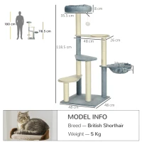 PawHut 118.5cm Cat Tree Tower with Scratching Posts, Mats, Hammock, Bed, Toy Ball(m-3)