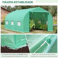 Outsunny Estufa Tipo Túnel 450x300x200 cm Estufa de Jardim com Porta e 6 Janelas Enroláveis Cobertura de PE e Aço Verde(m-4)