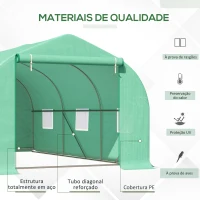 Outsunny Estufa Tipo Túnel 450x300x200 cm Estufa de Jardim com Porta e 6 Janelas Enroláveis Cobertura de PE e Aço Verde(m-5)
