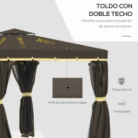 Outsunny Cenador de Jardín 3x3m Pabellón de Aluminio Exterior con Doble Techo de Ventilación 4 Cortinas Laterales y 4 Mosquiteras con Cremallera Gazebo para Fiestas Eventos Patio Café(m-4)