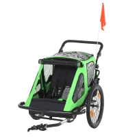 HOMCOM Remolque de Bicicleta 2 en 1 para Niños +18 Meses Plegable Cochecito de Paseo de 2 Plazas con Manillar Ajustable en Altura Bandera y Reflectores 160x83x96 cm Verde(m-1)