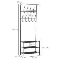 HOMCOM Perchero con Zapatero Perchero Entrada Recibidor con 18 Ganchos 3 Estantes para Zapatos para Pasillo 67x30x185 cm Negro(m-3)
