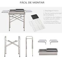 Outsunny Barbacoa de Carbón Portátil de Acero Inoxidable con 2 Estantes Laterales Bandeja y Parillas al Aire Libre para BBQ Camping Senderismo Picnics 104x30x68 cm Plata(m-4)