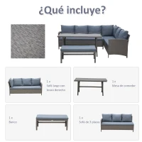Outsunny Conjunto de Jardín de Ratán Sintético con Sofá Esquinero de 2 Módulos Banco y Mesa con Encimera de Cristal Gris(m-5)
