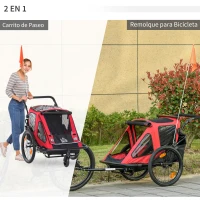 HOMCOM Remolque de Bicicleta 2 en 1 para Niños +18 Meses Plegable Cochecito de Paseo de 2 Plazas con Manillar Ajustable en Altura Bandera y Reflectores 160x83x96 cm Rojo(m-4)