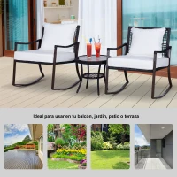 Outsunny Conjunto de Muebles de Ratán para Jardín Patio Hotel con Mesa Ø51x46 cm y 2 Sillas Mecedoras 65,5x76x82,5 cm con Cojines Lavables y Almohadas Blanco y Marrón(m-7)