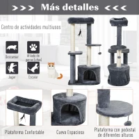 PawHut Rascador para Gatos con Postes de Sisal y Felpa Suave con Cama Cueva Plataformas Bola y Pluma 48x35x100 cm Gris y Beige(m-6)