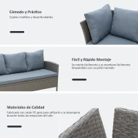 Outsunny Conjunto de Jardín de Ratán Sintético con Sofá Esquinero de 2 Módulos Banco y Mesa con Encimera de Cristal Gris(m-6)