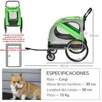 PawHut Remolque de Bicicleta para Perros 2 en 1 con Puertas Enrollables Cinturón de Seguridad Carga 30 kg 140x72,5x108 cm Verde(m-3)