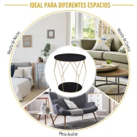 Mesita de Centro Dos Niveles Redonda Estilo Moderno Con Patas de Diseño Φ45x48Al cm Negro y Dorado(m-6)