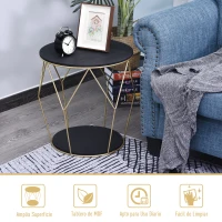 Mesita de Centro Dos Niveles Redonda Estilo Moderno Con Patas de Diseño Φ45x48Al cm Negro y Dorado(m-7)