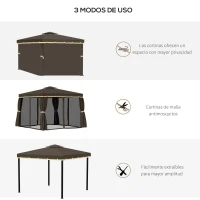 Outsunny Cenador de Jardín 3x3m Pabellón de Aluminio Exterior con Doble Techo de Ventilación 4 Cortinas Laterales y 4 Mosquiteras con Cremallera Gazebo para Fiestas Eventos Patio Café(m-6)