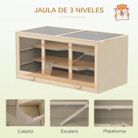 PawHut Jaula para Hámster de Madera Casa para roedores Pequeños con Bandeja Extraíble 2 Plataformas y Rampas 115x57x55 cm Madera Natural(m-4)
