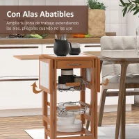 HOMCOM Mesa Auxiliar Cocina 91x37x75 cm Plegable 6 Ruedas 1 Cajón 2 Cestas Carrito Servicio Pino Metal Cromado(m-5)