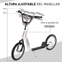 HOMCOM Scooter Patinete para Niños +5 Años y Adolescentes con Manillar Ajustable en Altura 2 Neumáticos de Caucho Inflable con Doble Freno y Ruedas 16" Carga 100 kg 139x58x90-96 cm Blanco(m-5)