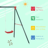 Outsunny Columpio Doble para Niños +3 Años con Soporte de Metal Juego de Columpio Infantil Cuerda Ajustable Exteriores Carga Máx. 40kg 239x156x180 cm Verde Rojo(m-5)