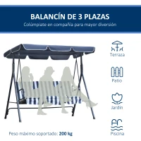 Outsunny Columpio de Jardín de 3 Plazas Silla Balancín con Parasol Techo Ajustable en Ángulo Impermeable para Exterior Terraza Balcón Carga Máx. 200 kg Acero 172x110x153 cm Raya Azul(m-7)