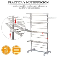 HOMCOM Tendedero de Ropa Plegable 80x55x172 cm con 6 Ruedas y 4 Estantes con Altura Regulable de Acero Inoxidable Plateado(m-4)