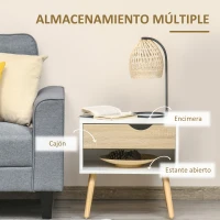 HOMCOM Set de 2 Mesitas de Noche Mesa Auxiliar Mesillas de Noche con Cajón y Estante de Almacenamiento para Dormitorio Salón Cama Oficina Estilo Moderno 50x39x51 cm Blanco y Roble(m-6)