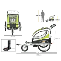 HOMCOM Remolque para Bicicleta con Barra de Paseo para Niños de 2 Plazas con Rueda Delantera Giratoria 360° y Asiento Acolchado Carga Máx. 40 kg Verde(m-3)