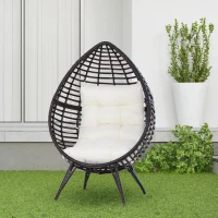 Outsunny Sillón de Ratán Balcón en Forma de Lágrima Sillón de Jardín con Cojín Acolchado de Algodón PP Estilo Moderno para Exterior e Interior Carga 160 kg 101x89x156 cm Marrón y Crema(m-2)