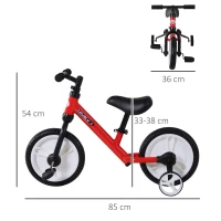 HOMCOM Bicicleta de Equilibrio con Pedales y Ruedas Entrenamiento Extraíbles de Asiento Regulable 33-38cm Niños +24 Meses Carga 25kg Rojo(m-3)