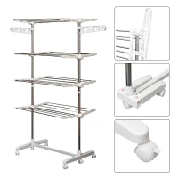 HOMCOM Tendedero de Ropa Plegable 80x55x172 cm con 6 Ruedas y 4 Estantes con Altura Regulable de Acero Inoxidable Plateado(m-8)