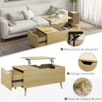 HOMCOM Mesa de Centro Elevable Mesita de Salón con Cajón Compartimento Oculto y Patas de Madera para Oficina 98x54x48cm Natural(m-6)
