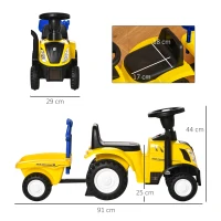 HOMCOM Tractor para Niños de 12-36 Meses con Remolque Extraíble Coche Correpasillos con Bocina Faros Pala Asiento de Suelo 25 cm y Rastrillo Carga 25 kg 91x29x44 cm Amarillo(m-3)
