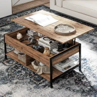 HOMCOM Table basse relevable table de salon compartiment caché 2 étagères inférieures 100 x 80 x 60 cm marron rustique noir(m-9)