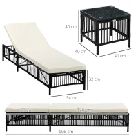 Outsunny Conjunto de 2 Tumbonas de Ratán con Mesa de Centro Respaldo Ajustable en 5 Niveles y Cojines 196x54x32 cm Negro(m-3)