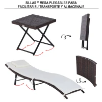 Outsunny Set de 2 Tumbonas 196x61x53cm con Mesita Plegable 40x40x40cm de Ratán para Jardín Exterior con Cojines Beige y Marrón(m-5)