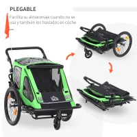 HOMCOM Remolque de Bicicleta 2 en 1 para Niños +18 Meses Plegable Cochecito de Paseo de 2 Plazas con Manillar Ajustable en Altura Bandera y Reflectores 160x83x96 cm Verde(m-6)