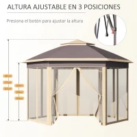 Outsunny Carpa Plegable 4x3,4x2,85 m Altura Ajustable Cenador de Jardín Hexagonal con Doble Techo Mosquiteras Extraíbles y Bolsa de Transporte Impermeable Gazebo para Exterior Fiestas Beige(m-6)