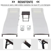 Outsunny Set de 2 Tumbonas 196x61x53cm con Mesita Plegable 40x40x40cm de Ratán para Jardín Exterior con Cojines Beige y Marrón(m-7)