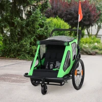 HOMCOM Remolque de Bicicleta 2 en 1 para Niños +18 Meses Plegable Cochecito de Paseo de 2 Plazas con Manillar Ajustable en Altura Bandera y Reflectores 160x83x96 cm Verde(m-2)