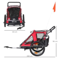 HOMCOM Remolque de Bicicleta 2 en 1 para Niños +18 Meses Plegable Cochecito de Paseo de 2 Plazas con Manillar Ajustable en Altura Bandera y Reflectores 160x83x96 cm Rojo(m-3)