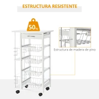 HOMCOM Carrito de Cocina con Ruedas Carro Multiusos con Cajón 4 Cestas Extraíbles de Metal y Bastidores 47x37x83 cm Blanco(m-6)