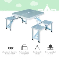 Outsunny Mesa Maleta de Camping Plegable Portátil con 4 Asientos y Agujero para Sombrilla Estructura de Aluminio para Playa Picnic 136x85,5x66 cm Plata(m-5)