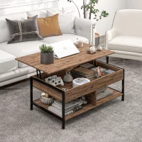 HOMCOM Table basse relevable table de salon compartiment caché 2 étagères inférieures 100 x 80 x 60 cm marron rustique noir(m-2)