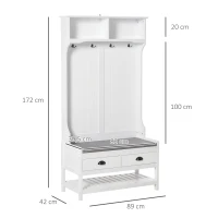 HOMCOM Perchero Zapatero con Banco 4 Ganchos 2 Compartimentos Abiertos 2 Cajones Extraíbles y Estante Inferior Moderno para Recibidor Entrada 89x42x172 cm Blanco(m-3)