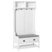 HOMCOM Perchero Zapatero con Banco 4 Ganchos 2 Compartimentos Abiertos 2 Cajones Extraíbles y Estante Inferior Moderno para Recibidor Entrada 89x42x172 cm Blanco(m-1)