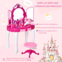 HOMCOM Juego de Tocador Infantil Accesorios de Maquillaje con Espejo de +3 Años Efectos de Luz Música Puerto de MP3 Control Remoto 45x30,5x72 cm Rosa(m-6)